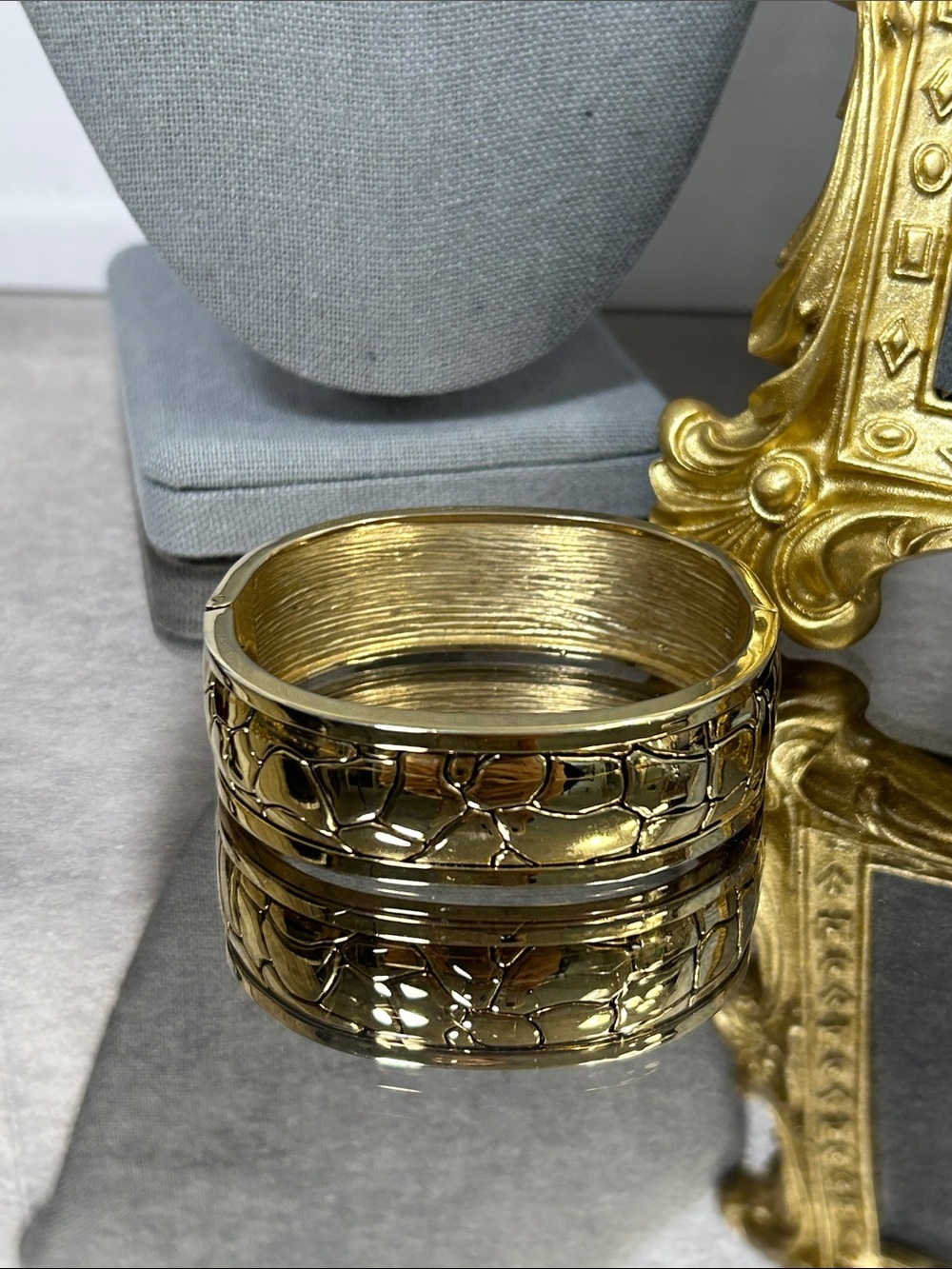 Gold Tone Textured Wide Bangle Bracelet